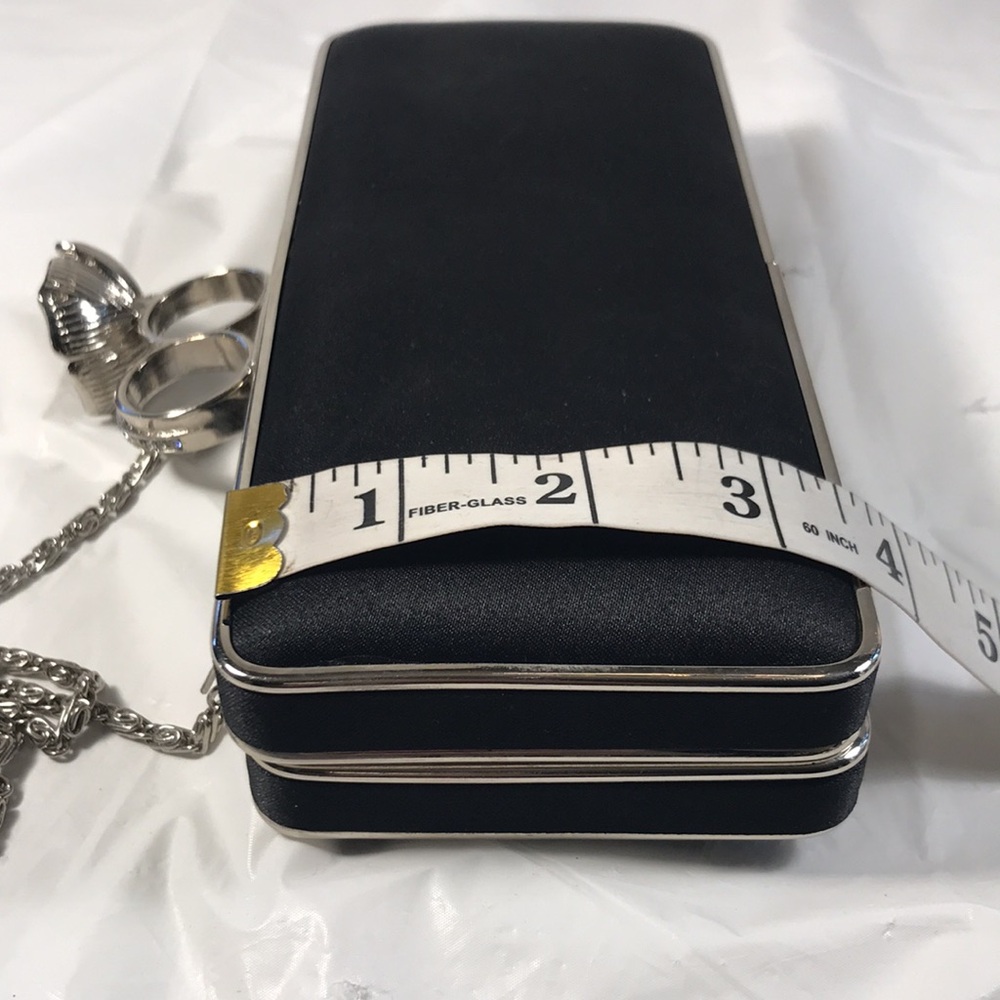 Women’s Black Satin Double Rhinestones Rings Hardshell Party Evening Clutch Bag - Picture 6 of 8